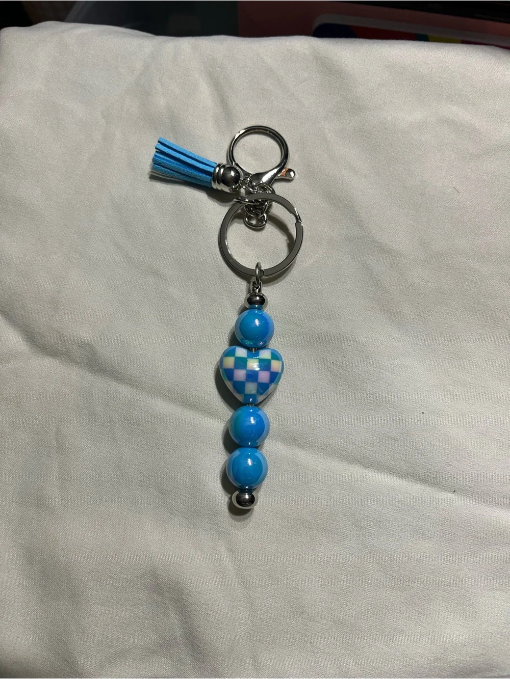 Blue Beaded Heart Keychain with Tassel